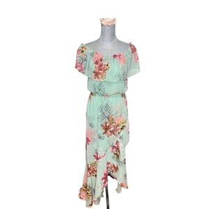 Express Mint Green Floral Print Creped Chiffon HighLow Maxi Dress Size XS